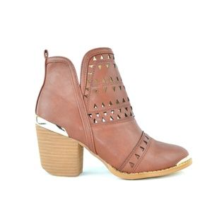 Cognac Laser Cut Chunky Heel Pointy Toe Bootie